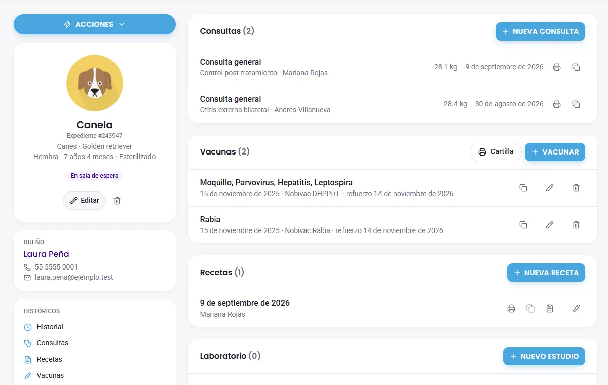 Expediente de un paciente en SAMI: consultas, vacunas y recetas