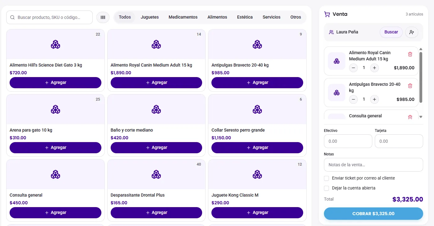 Punto de venta de SAMI con el catálogo y la venta en curso